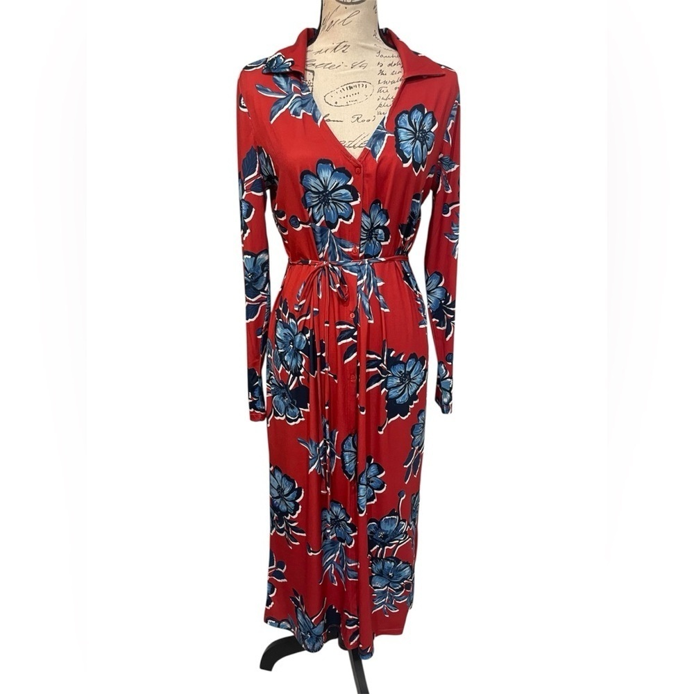 Zara Anthropologie Red and Blue Collard Shirt dress with Long Sleeves EUC